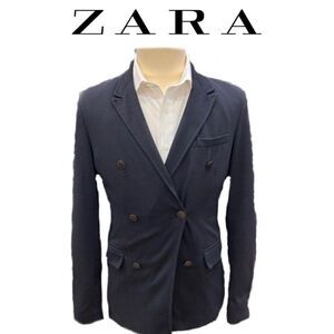 Zara Man Navy Blue Double Breasted Notch Collar Blazer Sport Coat Size Medium